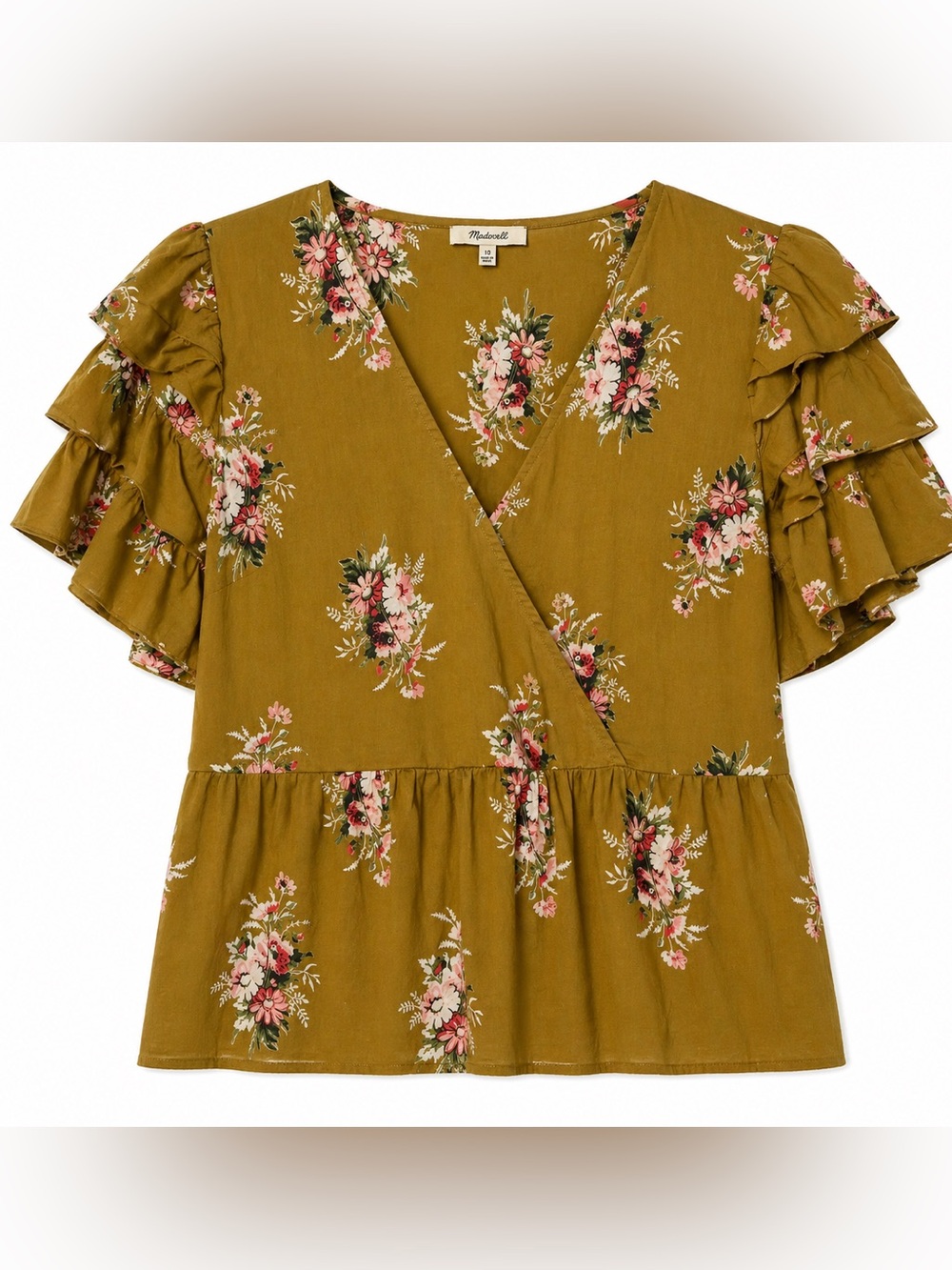Madewell Floral Faux Wrap Ruffle Sleeve Peplum Cotton Top- 10